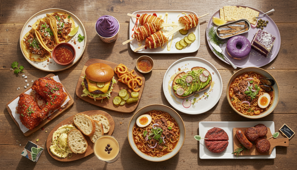 Mouthwatering U.S. Food Trends displayed on a large wooden table, featuring birria tacos, Korean corn dogs, smashburgers, ube desserts, Nashville hot chicken, fancy toast, birria ramen, tinned fish boards, espresso martinis, butter boards, and plant-based meats.