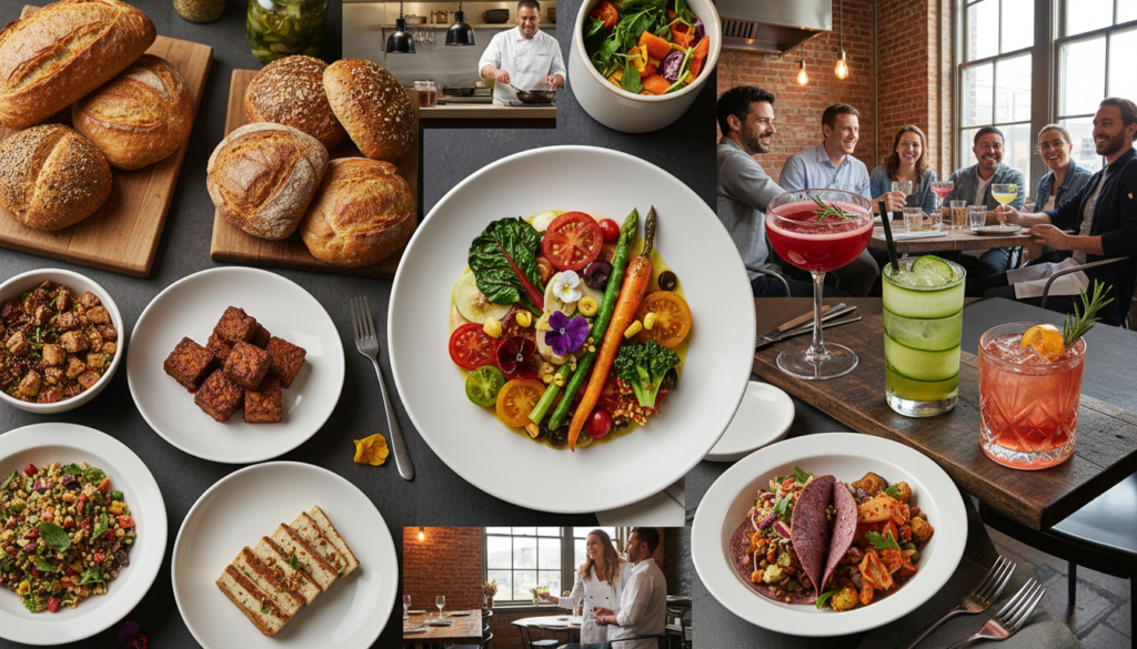Vibrant collage of modern U.S. dining trends featuring farm-to-table dishes, artisanal bread, plant-based proteins, craft cocktails, chef's table experience, fusion cuisine, and diverse happy foodies in contemporary restaurant setting