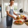 Modern American kitchen showcasing feel-good culinary innovations including air fryer, plant-based burger, fermented foods, indoor microgreens garden, and smart appliances