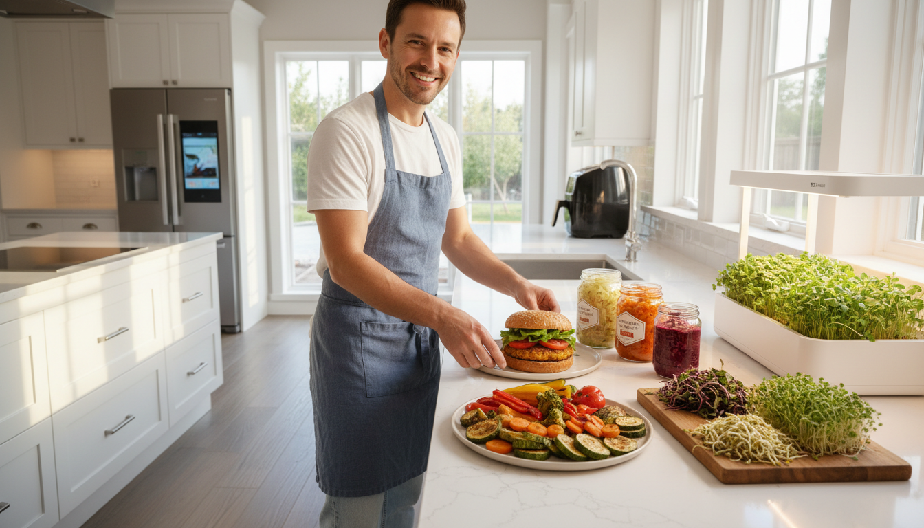 Modern American kitchen showcasing feel-good culinary innovations including air fryer, plant-based burger, fermented foods, indoor microgreens garden, and smart appliances