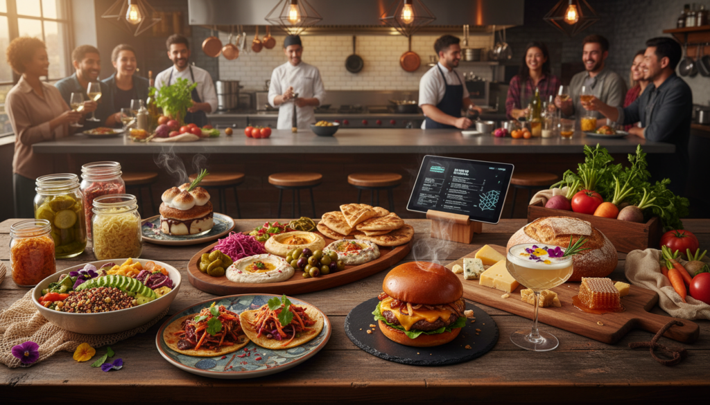 U.S. dining trends showcased with gourmet comfort food, plant-based bowls, Korean BBQ tacos, Middle Eastern mezze, fermented foods, artisanal bread and cheese, craft cocktails, fresh farm vegetables, and diverse foodies enjoying modern American cuisine