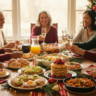 Joyful holiday brunch table with fluffy pancakes, egg casserole, avocado toast, cinnamon rolls, festive fruit salad, smoked salmon bagels, sweet potato hash, and diverse guests celebrating together in a cozy U.S. home.