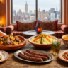 A spread of 7 incredible Moroccan cuisine dishes, including tagine, couscous, pastilla, harira soup, merguez sausages, and zaalouk, arranged on a wooden table in a room with Moroccan decor overlooking a US city skyline.