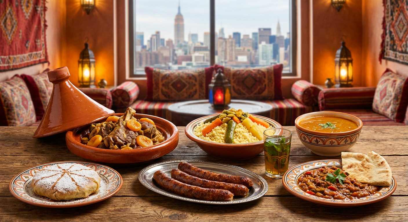 Explore 7 Incredible Moroccan Cuisine to Savor in the US 1 A spread of 7 incredible Moroccan cuisine dishes, including tagine, couscous, pastilla, harira soup, merguez sausages, and zaalouk, arranged on a wooden table in a room with Moroccan decor overlooking a US city skyline.