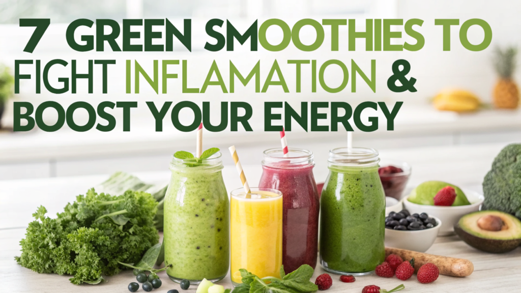 7 green smoothies in glass jars with fresh kale, spinach, ginger, and pineapple on a bright kitchen counter to fight inflammation and boost energy